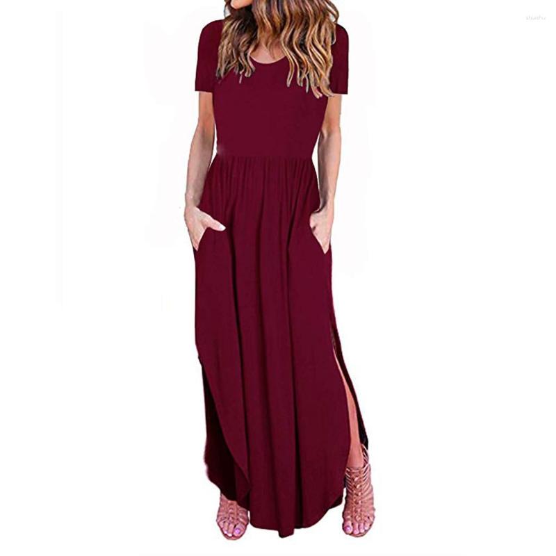 

Casual Dresses Ladies Summer Fashion Solid Color Short Sleeve Round Neck Long Female For Flare, Red
