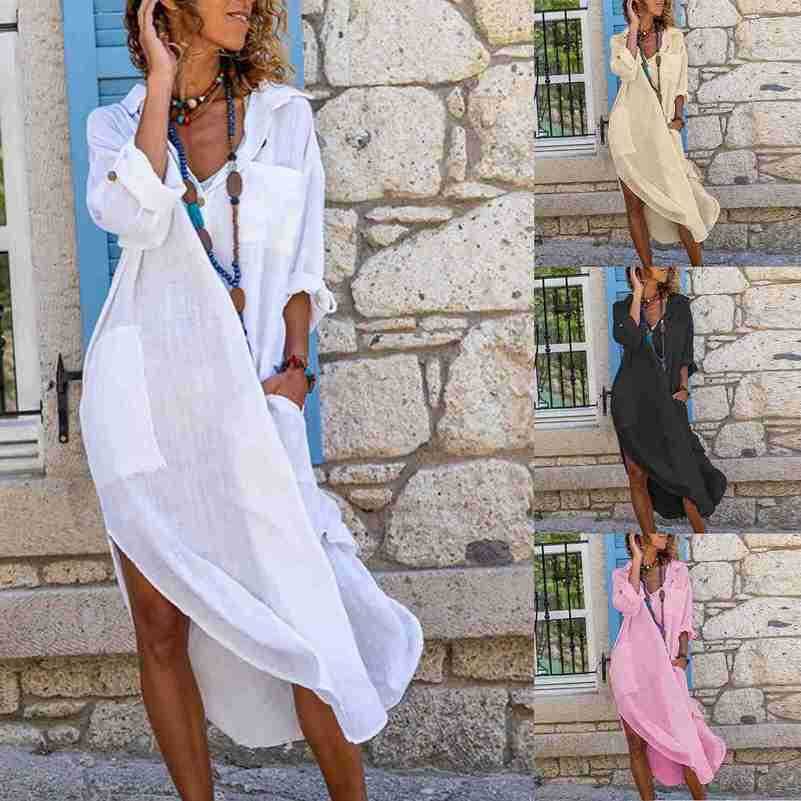 

2023 New Solid Button Split Loose Breathable Casual Shirt Cotton Hemp Long Lined Dress for Women, Pink