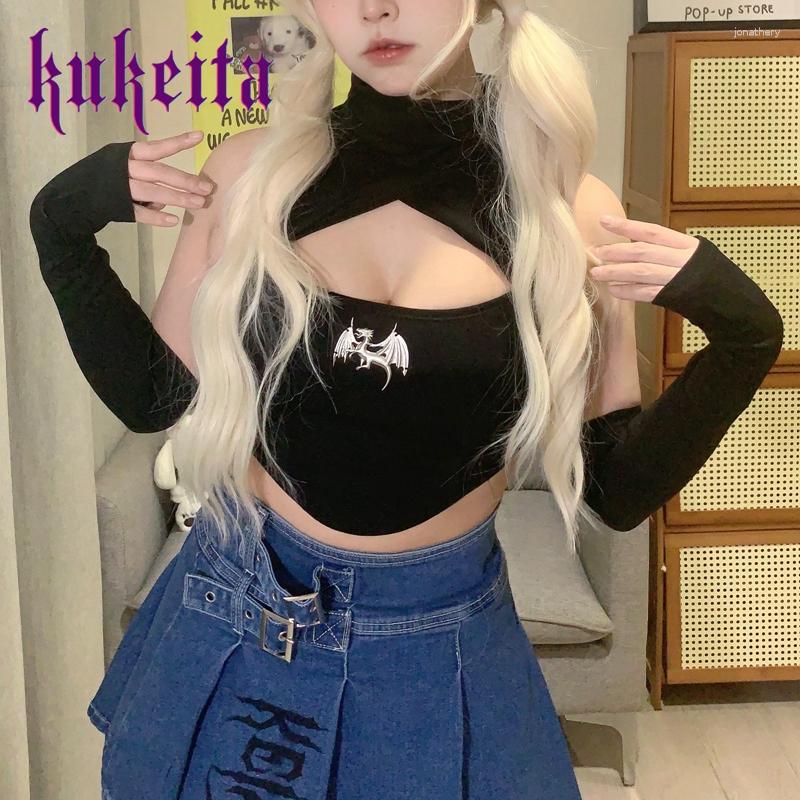 

Women' Tanks Harajuku Gothic Off Shoulder Rock Sexy Crop Top Women Sleeveless Knit Halter T Shirt Fashion Dragon Pattern Slim Y2k, Black