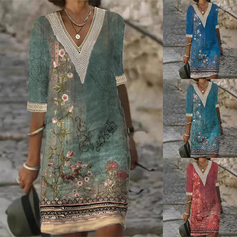 

Casual Dresses Vintage V Neck A-Line Party Dress Women' Summer Half Sleeve Printed Floral Sundress Pullover Female Basic Daily, Green