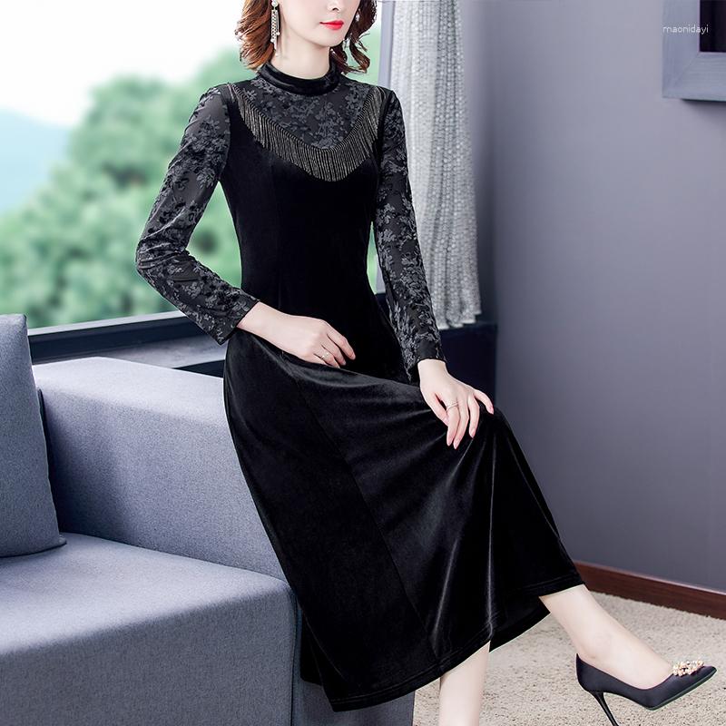 

Casual Dresses Autumn Velvet Long Sleeve Dress Women' Temperament Minyuan High End Black Slim Stitch Fringe