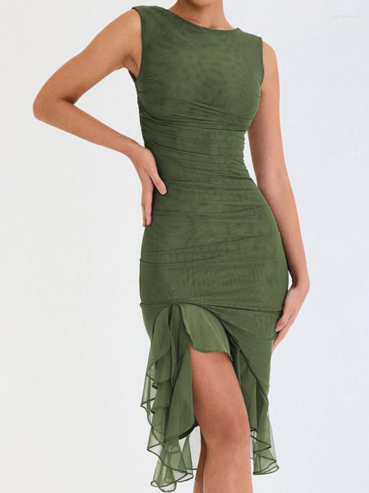 

Casual Dresses Backless Sleeveless Irregular Club Party Female 2023 Sexy Vestido Elegant Ruffle Ruched Midi Dress Women Robe Summer, Black