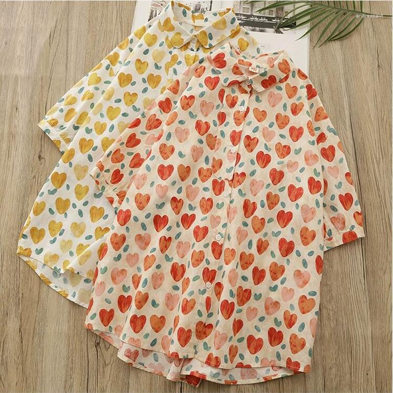 

Women' Blouses Summer  Women Blue Cotton Yarn Blouse Red Heart Print Half Sleeve Lady Tops Casual Female Oversize Shirt Spring