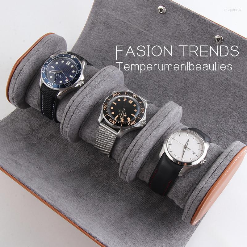 

Watch Boxes Luxury High Quality Vintage Packaging Gift Box Brown Wristwatch Travel Case Leather 1 2 3 Roll