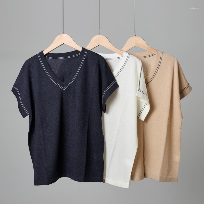 

Women' T Shirts 2023 Summer Women Heavy Industry Bead Chain V-Neck Round Neck Wool Knit T-Shirt, Black