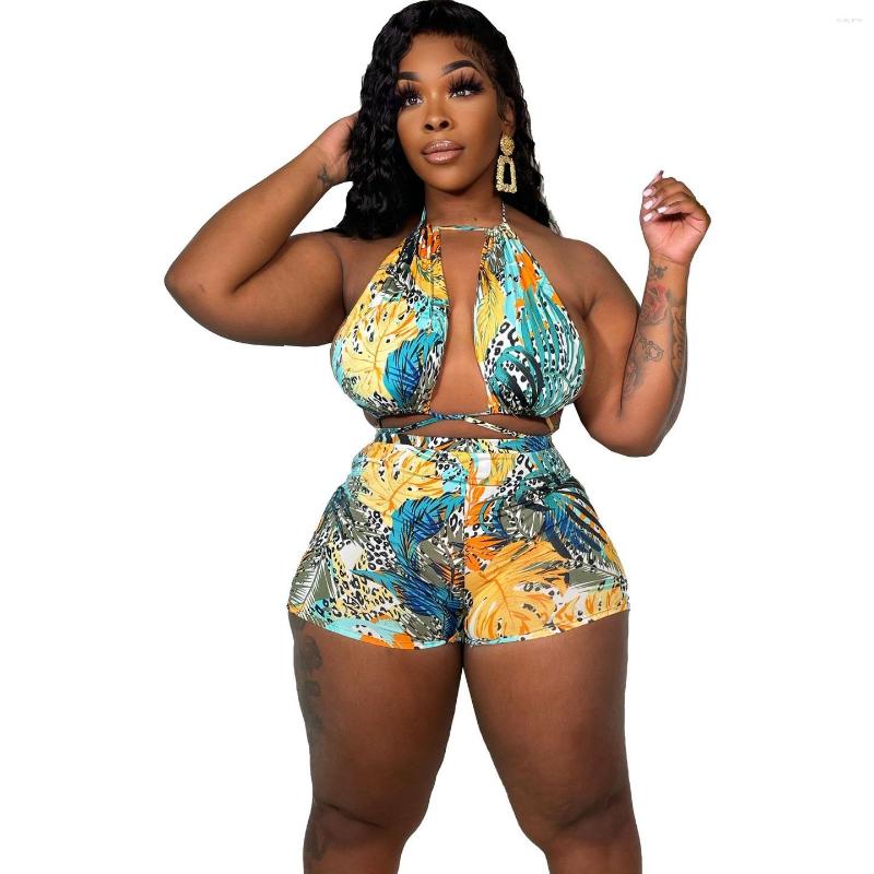 

Women' Tracksuits 2 Piece Set Sport Fashion Beach Strap Sheath Sleeveless Backless Floral Print Shorts Halter Bandage Crop Top Short Pants, Red