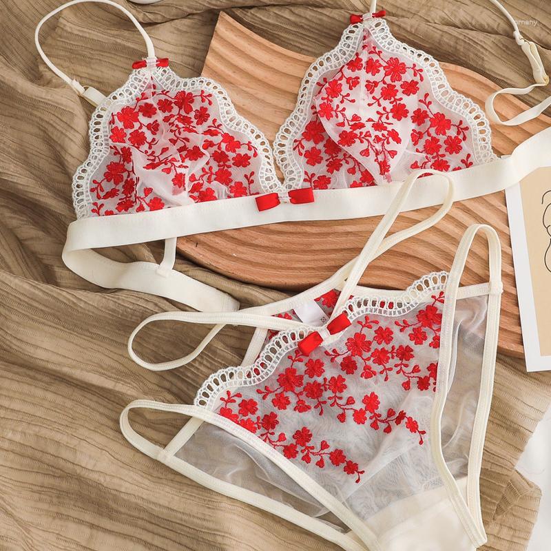 

Bras Sets Sexy Lace Red Flowers Embroidery Bra Set Women Wire Free Underwear Summer Ultra Thin Triangle Cup Breathable Hollow Panties Ling