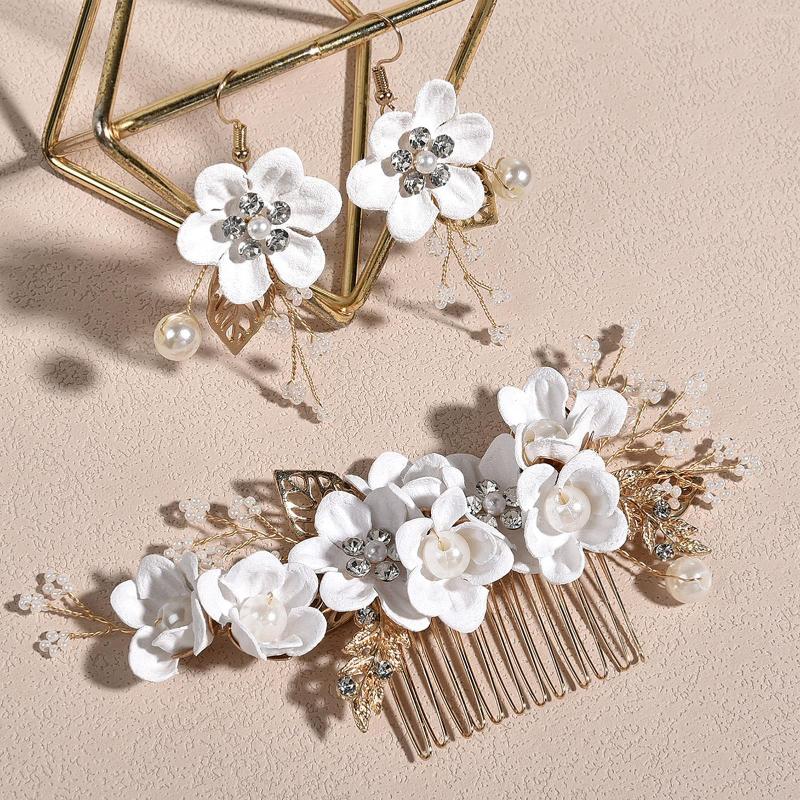 

Necklace Earrings Set Bride Wedding Pink/White Flower Hair Combs Drop Floral Earring Pearl Rhinestone Hairpins Clips Fashion Head Jewelry, Picture shown