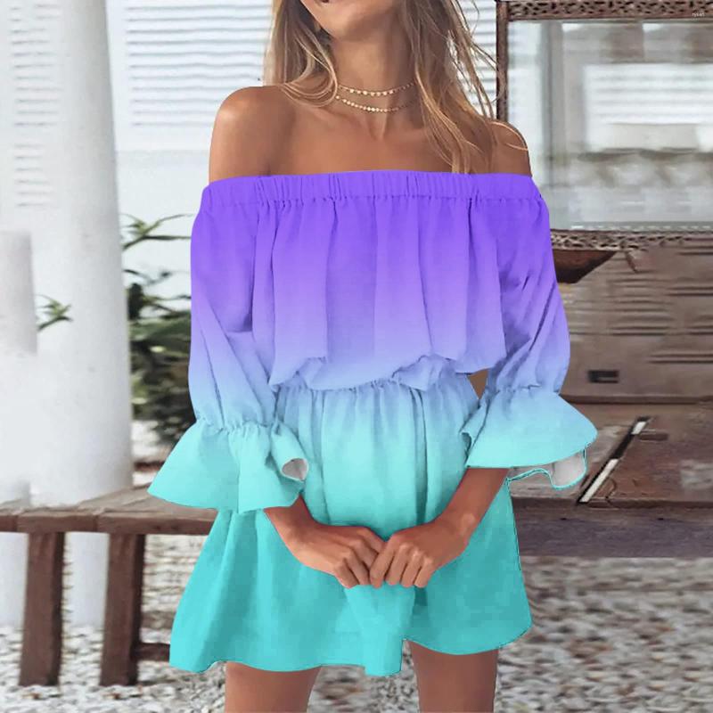 

Casual Dresses Ladies Summer Sexy Boho Dress Women Loose Off Shoulder Ruffles Flare Sleeve Beach Female Floral Mini, A-white