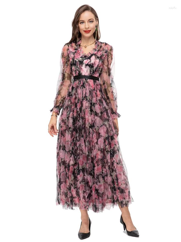 

Casual Dresses Designer Fashion Elegant Spring Women' Long Sleeve Print V-neck Mesh Dress Party Holiday High Quality, Multi
