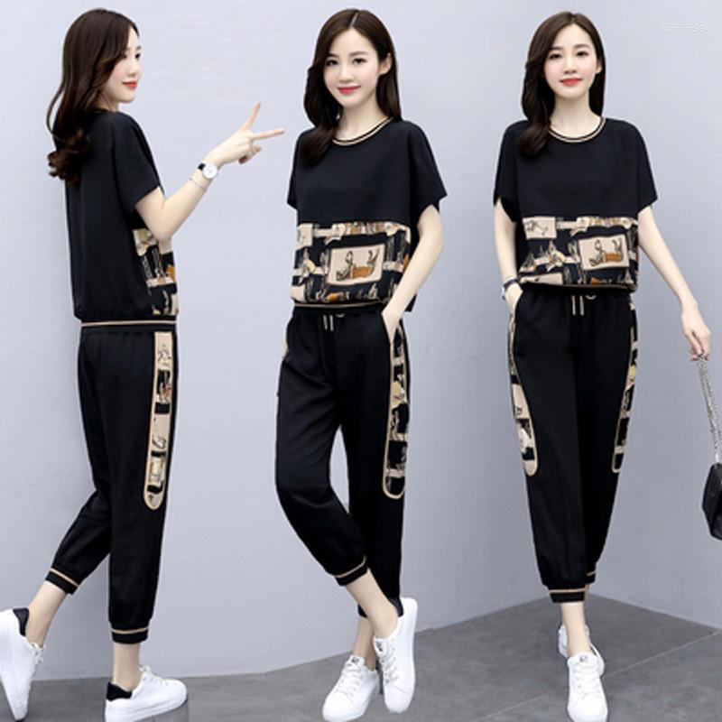 

Women's Tracksuits Summer Large Size Women Sets Fashion Casual Female Sportswear Suit Printed Short Sleeve Tshirts Pants Two-piece Set, Black