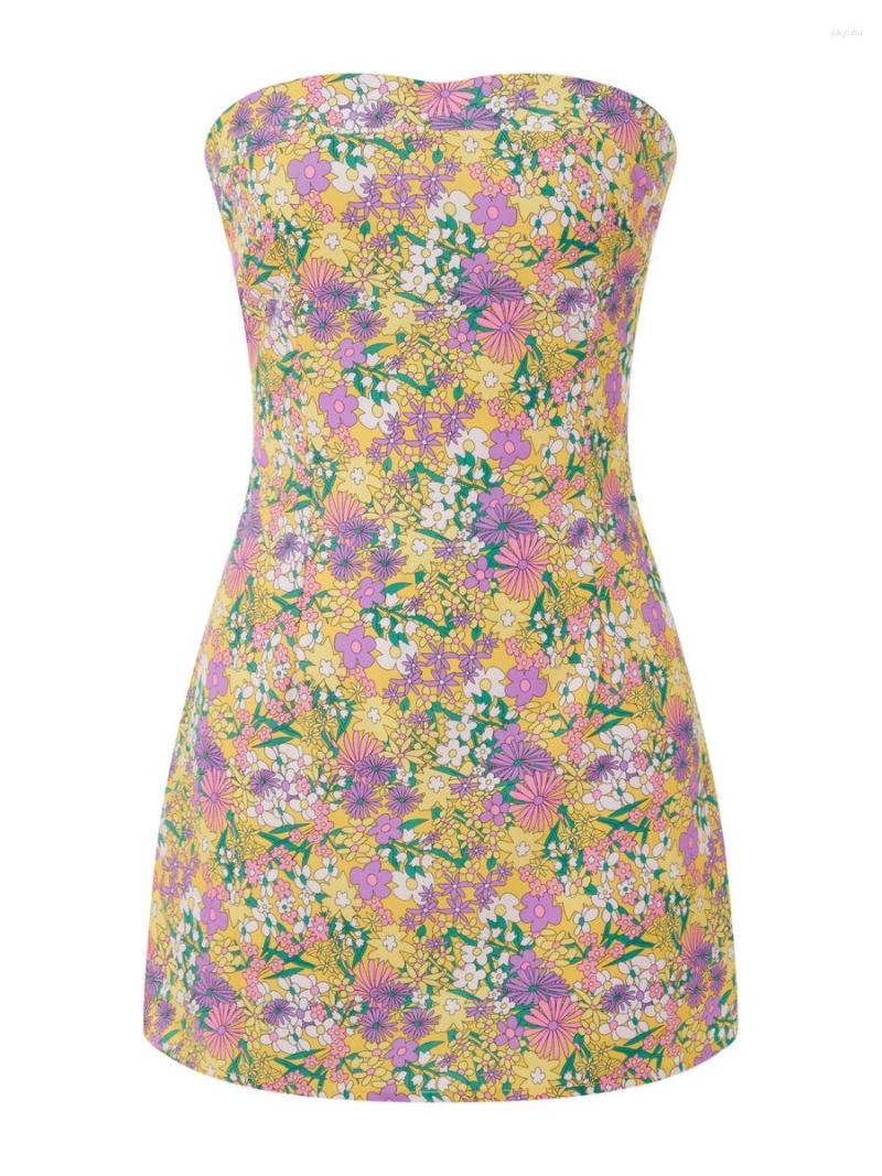 

Casual Dresses Wsevypo Retro Floral Print Bandeau Short Dress Elegant Summer Women' Off-Shoulder Back Cross Tie-up Tube Top Party Outfit, Multi