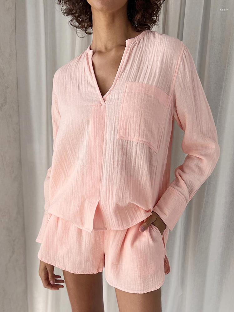 

Women' Sleepwear Linad Cotton Women' Nightwear 2 Piece Sets Loose Long Sleeve V Neck Female Home Suits With Shorts 2023 Summer Casual, Pink