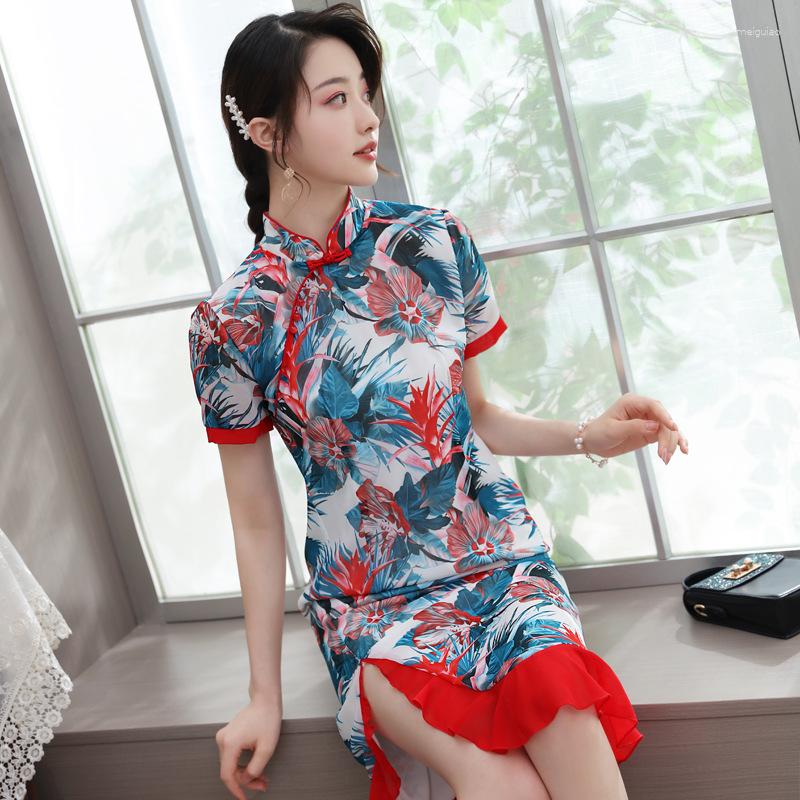 

Ethnic Clothing Summer Chiffon Qipao Chinese Lady Print Floral Dress