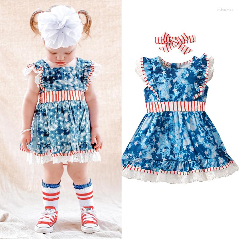 

Girl Dresses FOCUSNORM Independence Day 0-3Y Lovely Baby Girls Dress 2pcs Ruffles Lace Sleeve Star Striped Tie-Dye Printed A-Line, Picture shown