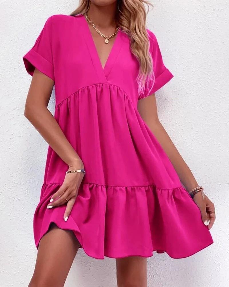 

Casual Dresses Fresh And Sweet V-neck Solid Color Large Swing Skirt Dress Everything Stylish Commuting Sexy Spring Summer High Waist, Rose red