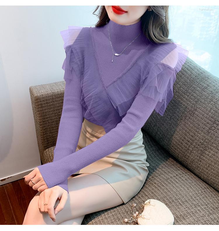 

Women' Sweaters Women' Stand Collar Gauze Ruffles Patchwork Sexy Off Shoulder Long Sleeve Thread Knitted Sweater Shirt SML, Black