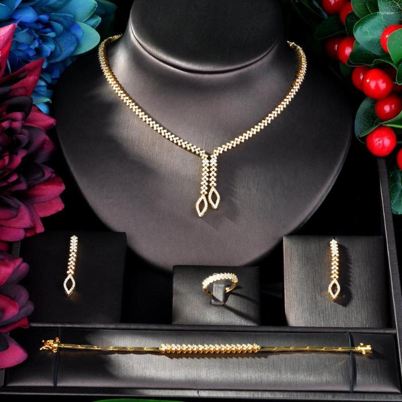 

Necklace Earrings Set Fashion Shining Brilliant Cubic Zircon 4pcs Bridal For Women Wedding CZ Dubai Jewelry N-06, Picture shown