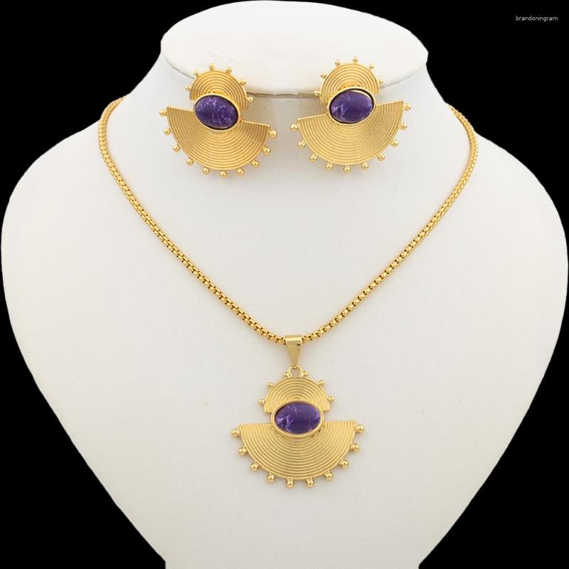 

Necklace Earrings Set And Jewelry For Women Purple Stone Design Clip 2Pcs Weddings Bridal, Picture shown