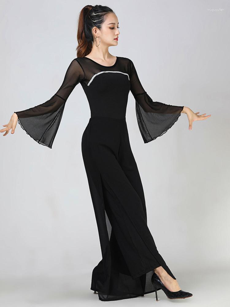 

Stage Wear Solid Color Latin Dance 2pcs Set Show Costumes Ladies Special Elegant Classical Costume Long Luxury Evening Trumpet Sleeve Top