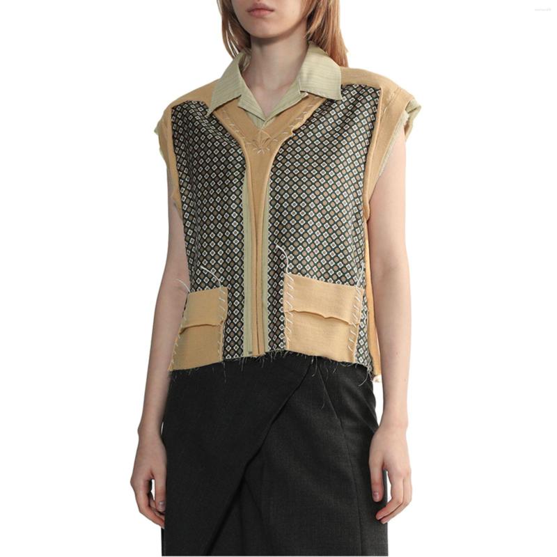 

Women' Blouses Fake Two Pieces Lapel Sleeveless Shirts And Blouses2023 Summer Design Sense Deconstructed Patchwork Y2k Vest Shirt, Khaki