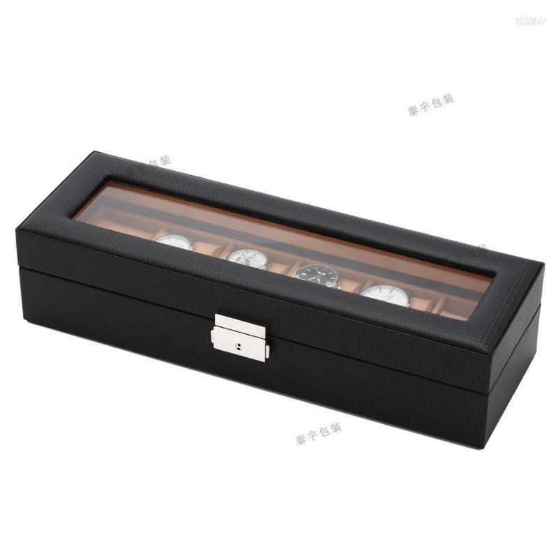 

Watch Boxes Carbon Fiber Box Organizer For Men 6 Slots Black Wood Leather Jewelry Display Men's Wrist Watches Case Gift