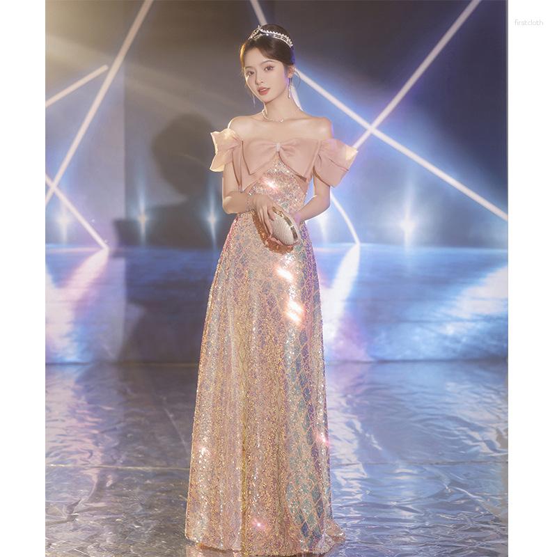 

Ethnic Clothing Sexy Bow Applique Slash Neck Back Bandage Sequins Chiffon Evening Dresses Women Formal Bride Bridesmaid Party Gown Vestidos