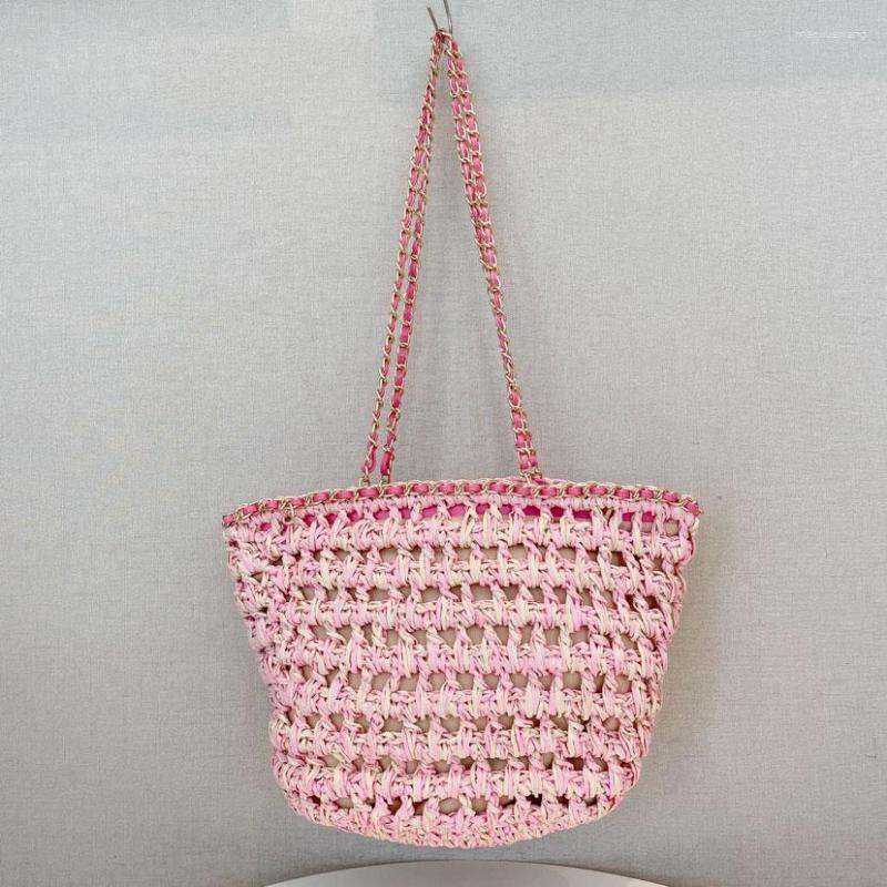 

Evening Bags High Quality Women Straw Bag Fashion Brand Designer Shoulder Fine Chains Handbags Lady Woven Beach, Pink