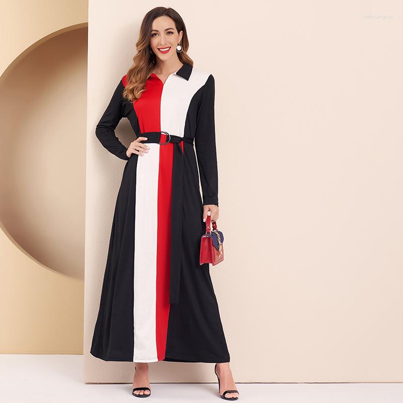 

Casual Dresses Women Dress Office Lady Elegant Color Block Turn-down Collar Long Sleeve Belted Maxi, Black