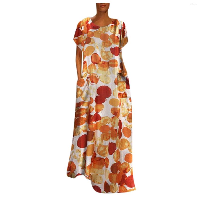 

Party Dresses Pockets Sleeve Maxi O-neck Dress Short Women Summer With Print Women, Blue