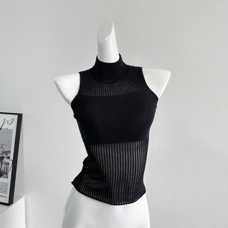 

Women's Tanks Patchwork Tank Top Turtleneck Knitted Vest Y2k Aesthetics Harajuku Tanktop Korean Style Sleeveless, Beige