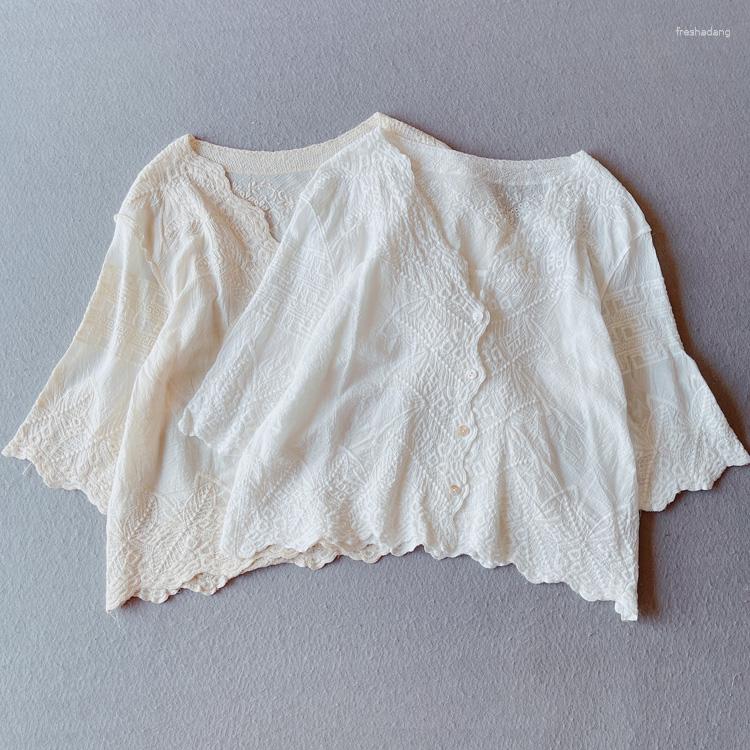 

Women's Jackets Summer Chinese Style Literature Retro Commuting Solid Lace Embroidered Short Sleeve Cardigan Outerwear Small Coat, Beige