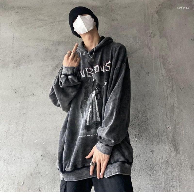 

Men's Hoodies Retro Dark Devil Print Hiphop Plus Fleece Pullover Sweatshirt Fashion High Street Loose Hooded Sweater Male Clothes, Normal