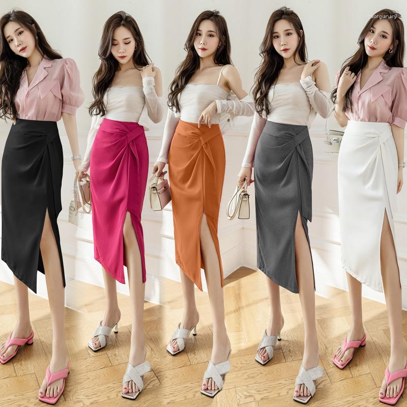 

Skirts 2023 Korean Style Irregular High Waist Lace-up Fold Split Sheath Slim A- Line Midi Skirt, Purple