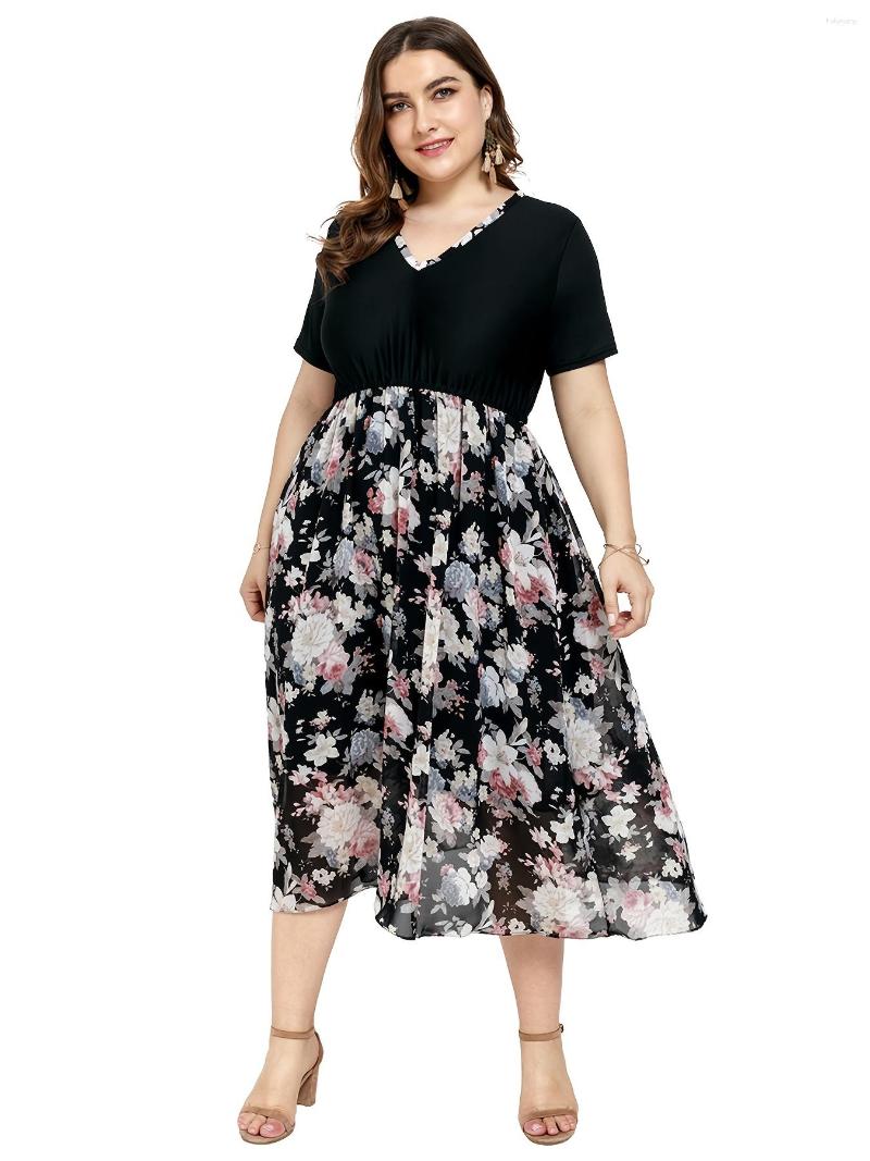 

Plus Size Dresses Floral Print V Neck Short Sleeve Midi Dress Women's Casual Medium Stretch, Multicolor