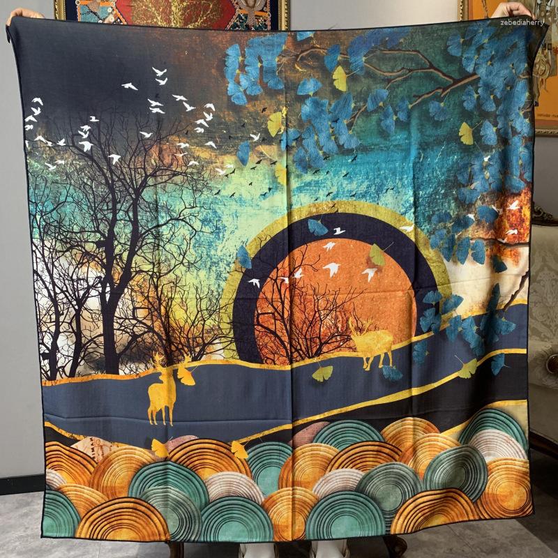 

Scarves High-end Elegant Women Forest Sunset Abstract Oil Painting Double-sided Print Quality Silk Wool Hand-rolled Edge Big Scarf Shawl