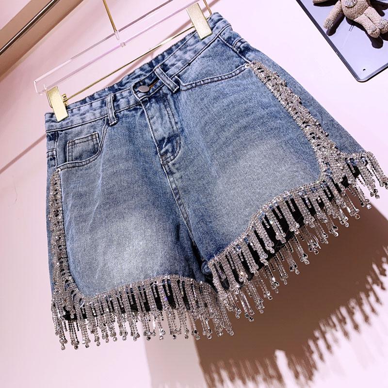 

Women' Jeans Sexy Wimen Rhinestones Fringed High Waist Drilling Denim Shorts Diamonds Tassels Pants Chic Crystal Short Trousers, Blue