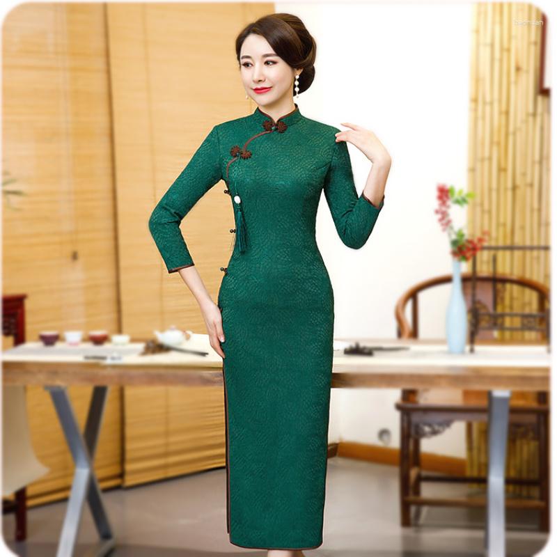 

Ethnic Clothing Sheng Coco Ladies Green Lace Cheongsam Long Sleeve Qipao Dresses Excellent Above The Ankle Fringe Tassel Chinese Dress