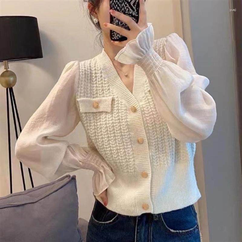 

Women's Knits 2023 Spring Thin Temperament French Knit Stitching Knitted Sweater Women Fashion Office Solid Color V-neck, Pink