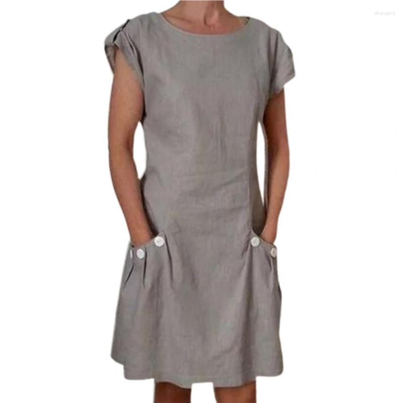

Casual Dresses Retro Female Solid Cotton Linen Party Dress Spring Crew Neck Straight Midi Summer Short Sleeve Button Women Vestidos, Warm orange