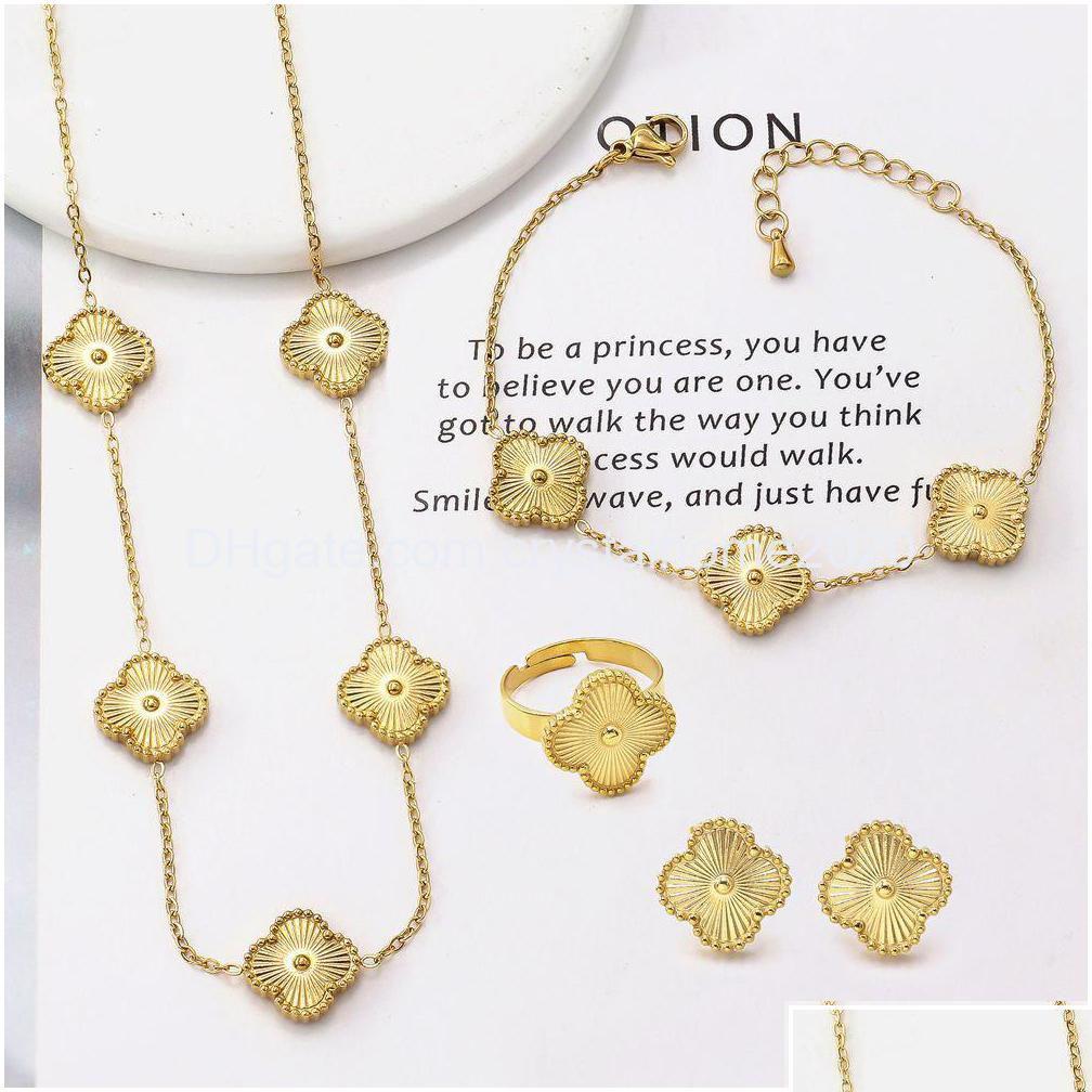 

Bracelet Earrings Necklace Bracelet Luxury Clover Earring Rings Jewelry Set For Women Drop Delivery Sets Dhmgr, Golden