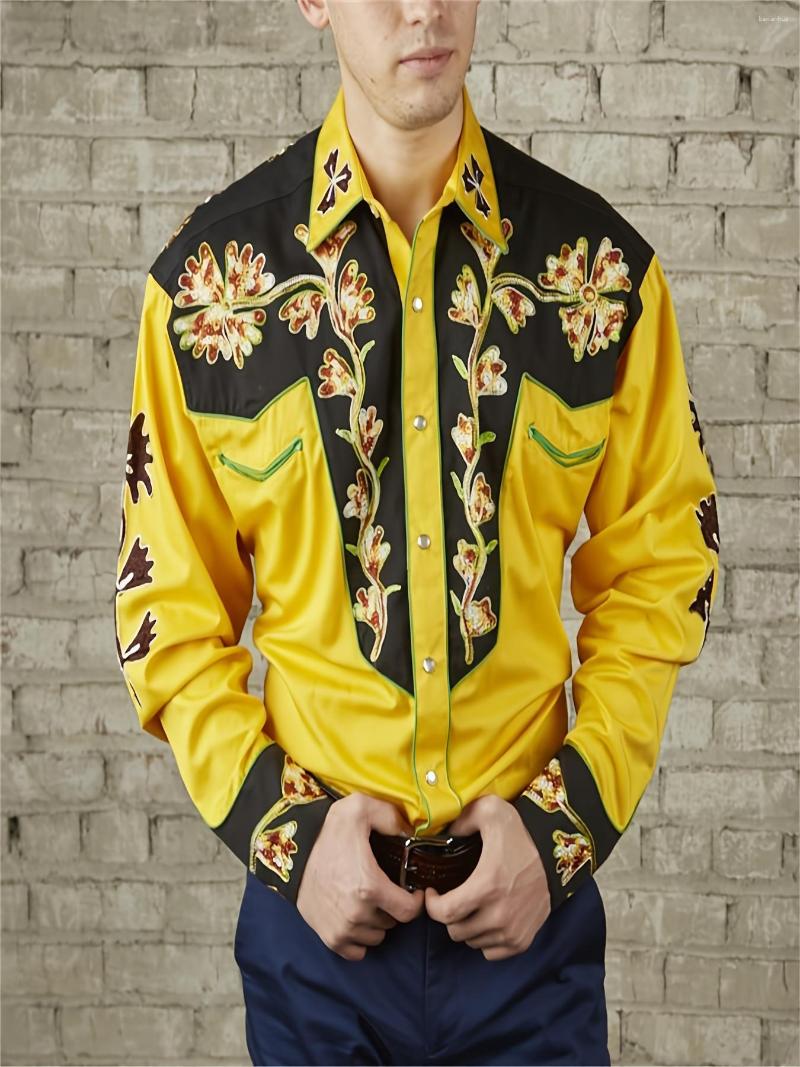 

Men's Casual Shirts Vintage Flower Embroidered Lapel Long Sleeve Shirt, Yellow