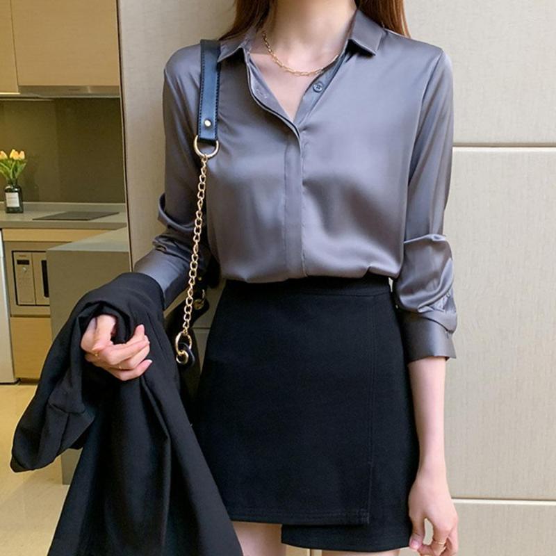 

Women' Blouses Fashion Rayon Satin Silk Vintage Blouse Women White Office Lady Long Sleeves Female Loose Street Shirts Spring Autumn 2023, Gray