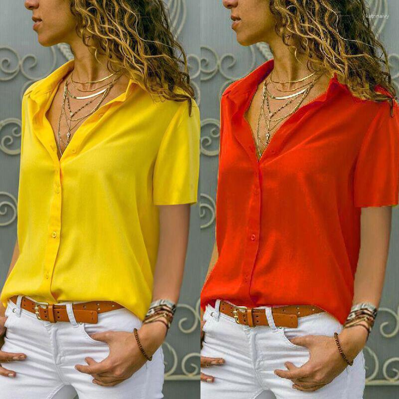 

Women' Blouses 2023 Spring And Summer Casual Top Short Sleeved Elegant Women' Single-Breasted Street Red Yellow Shirt, Deep blue