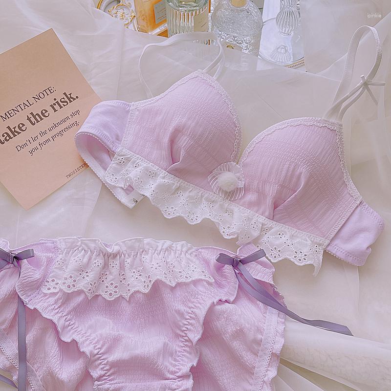 

Bras Sets Japanese Cute And Sweet Fur Ball Bra With Panty Small Chest Gathered Up Girl Underwear Set Cotton Fabric Cream Art Lingerie, As picture show