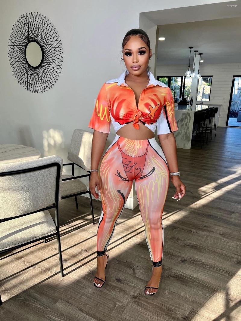 

Women' Two Piece Pants EWSFV 2023 Summer Women Commuter Printing Temperament Short Sleeved Shirt Top Long Set, Orange