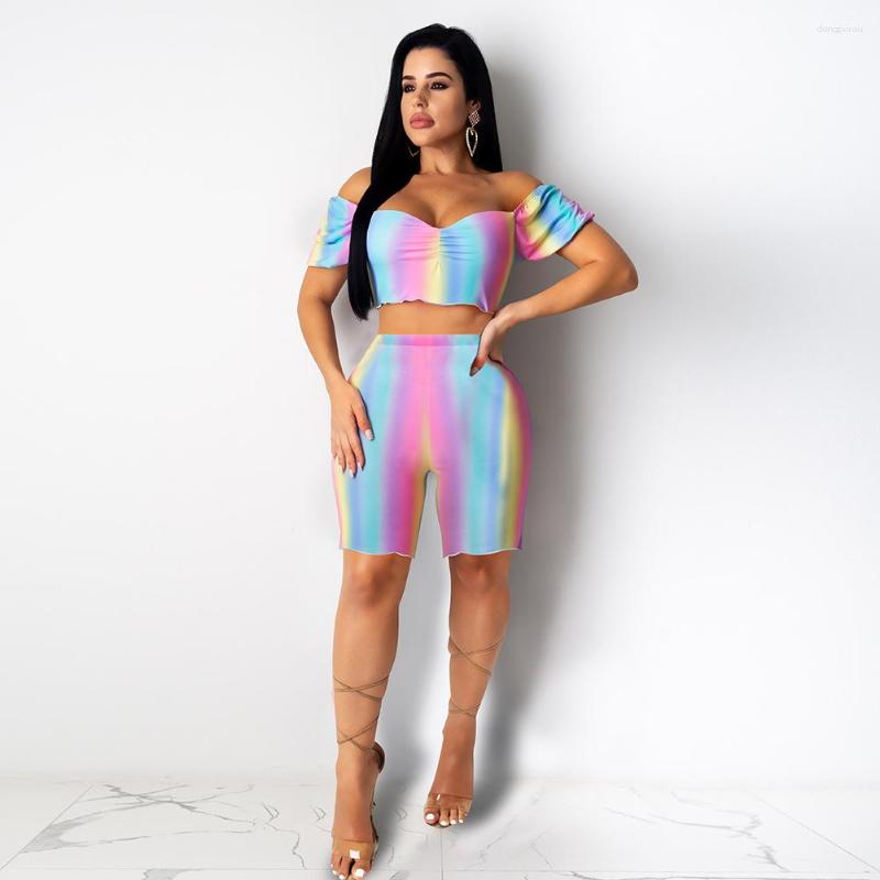 

Women' Tracksuits CINESSD Women' 2023 Short-Sleeved Sexy Off-Shoulder Gradient Rainbow Color Suit, Picture color
