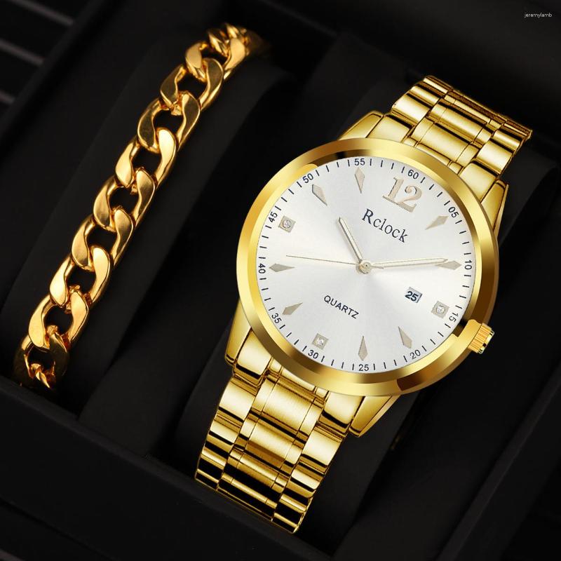 

Wristwatches 1pc Men Round Pointer Date Quartz Watch & Bracelet, Golden and white