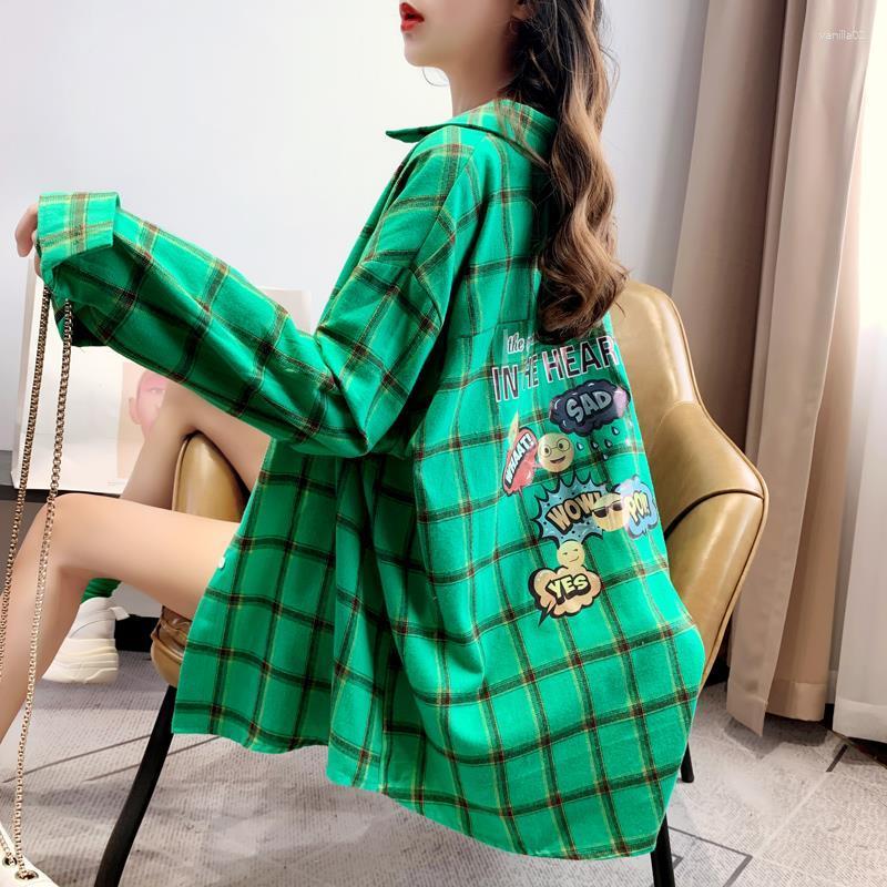 

Women' Blouses Plaid Shirt Women Retro All-match Loose Long-sleeved Spring Print Harajuku Jacket, Green