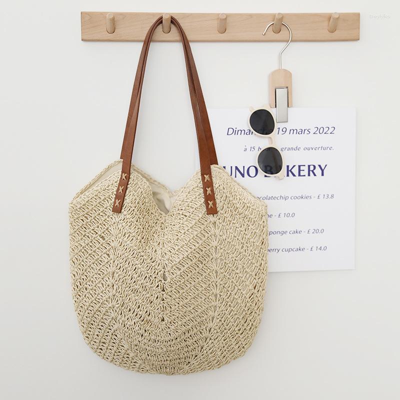 

Evening Bags Weave Tote Bag Female Bohemian Shoulder For Women Summer Beach Straw Handbags Casual Simple Lady Travel Shopping, Brown